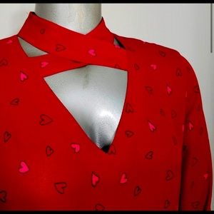 Sexy Red Blouse Top  Pink Hearts Long Slit Sleeve